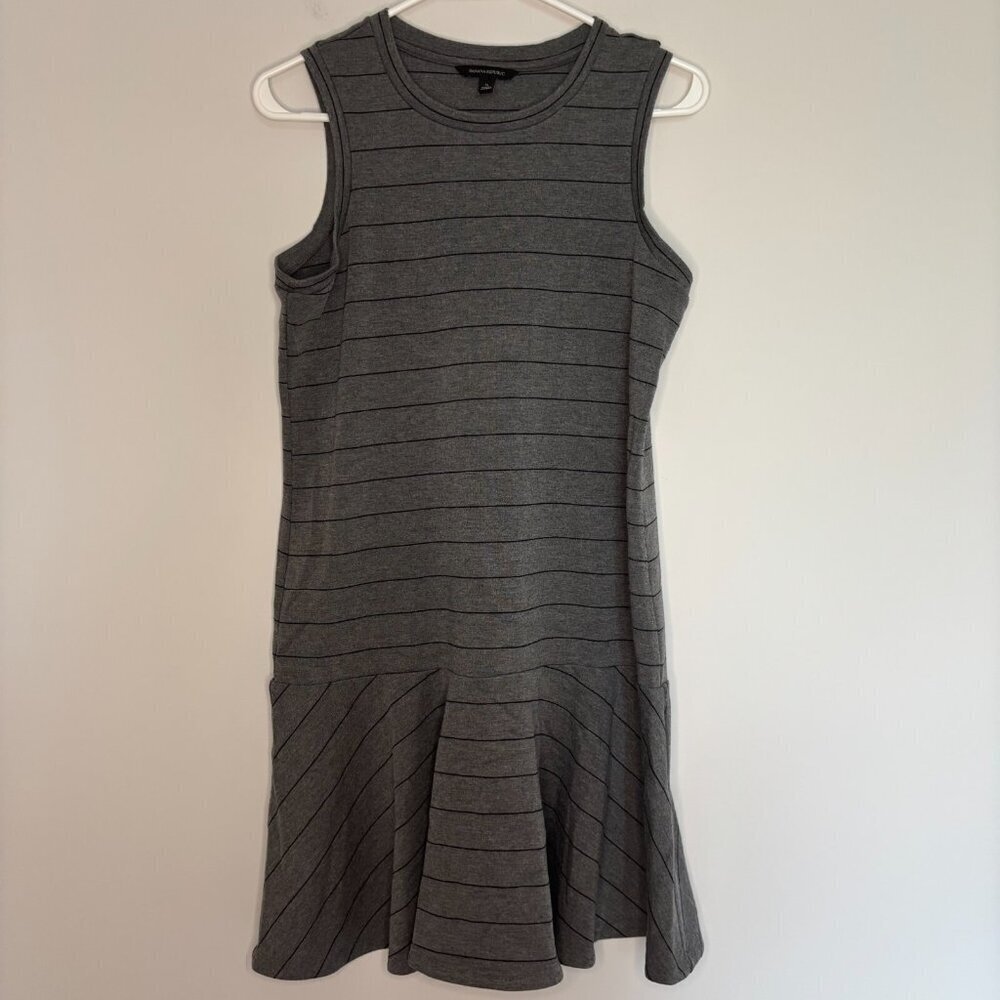 BANANA REPUBLIC Dress Small Gray Black Pinstripe Drop Waist Sleeveless Stretch